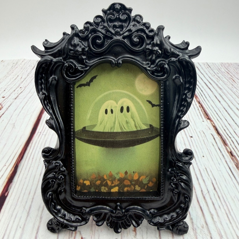 Gothic Ghost UFO Decoupage Art Ornate Black Resin Frame Handmade Halloween Decor